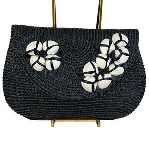 Y2K Vintage Felix Rey Black Straw Clutch Bag Purse Seashells In A Floral Pattern